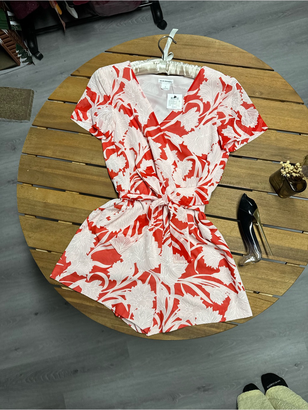 Club Monaco Red And Powder Pink Floral Wrap Short Romper